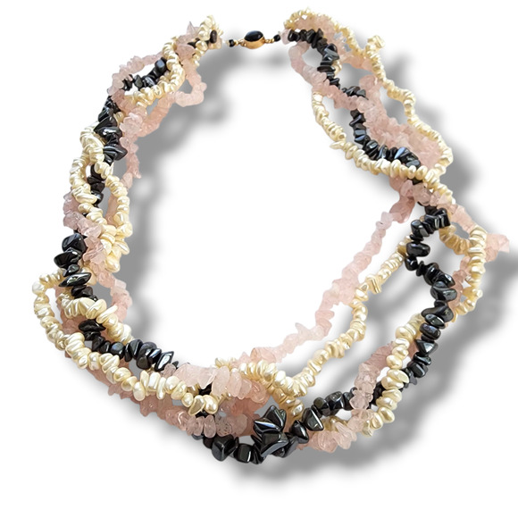 Pearl Rose Quartz Pink Hematite Necklace Choker beaded 14K Yellow Gold Filled - Picture 1 of 6